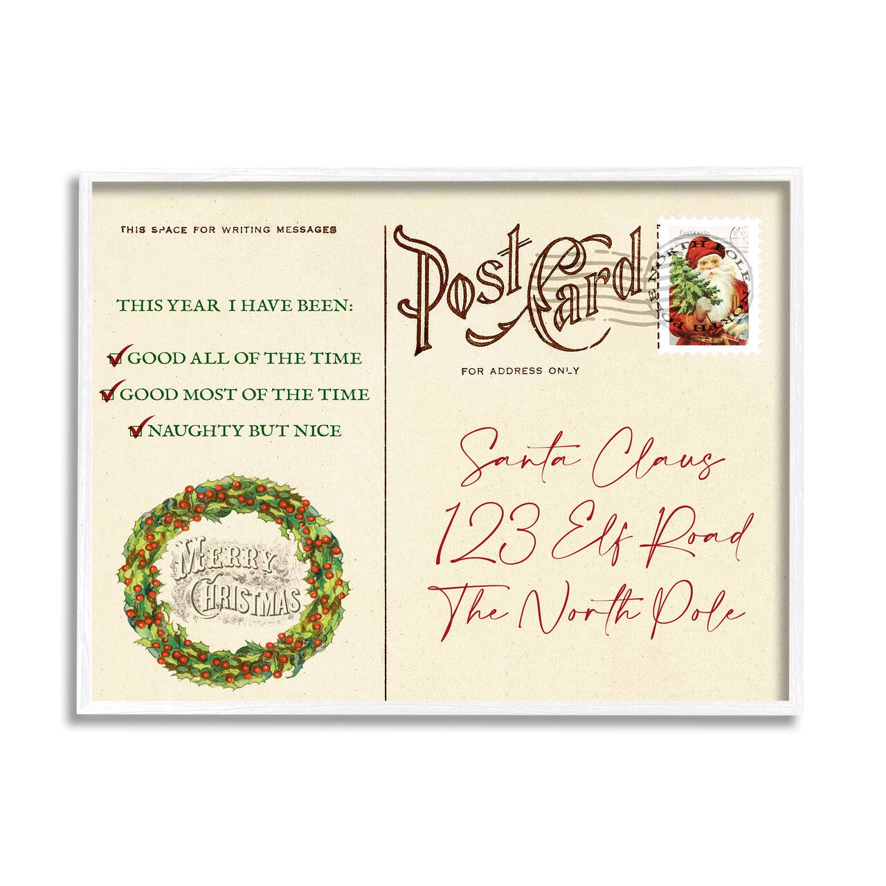 Stupell Industries Merry Christmas Vintage Postcard Framed Giclee Art